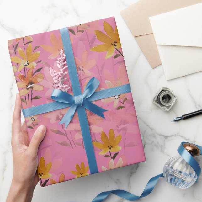 Pastel Boho Mustard Pink Wildflowers Wrapping Paper (Gifting)