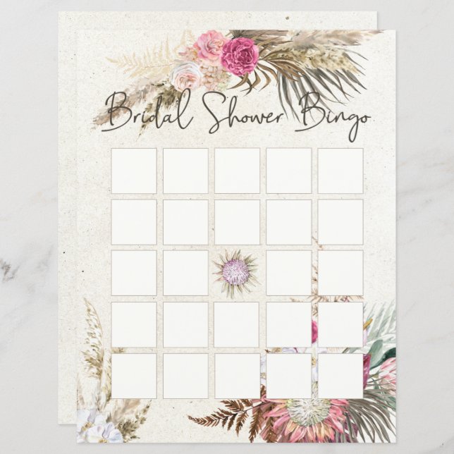 Pastel Boho Neutral Floral Bridal Shower Bingo (Front/Back)