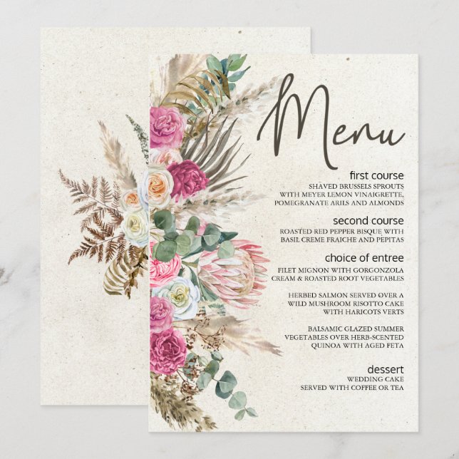 Pastel Boho Neutral Floral Menu Mariage (Devant / Derrière)