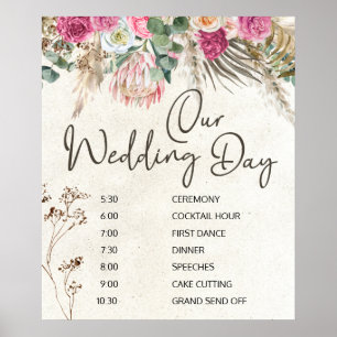 Pastel Boho Neutral Floral Wedding Schedule Poster