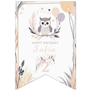 Pastel Boho Owl and Balloons Birthday Bunting Flags