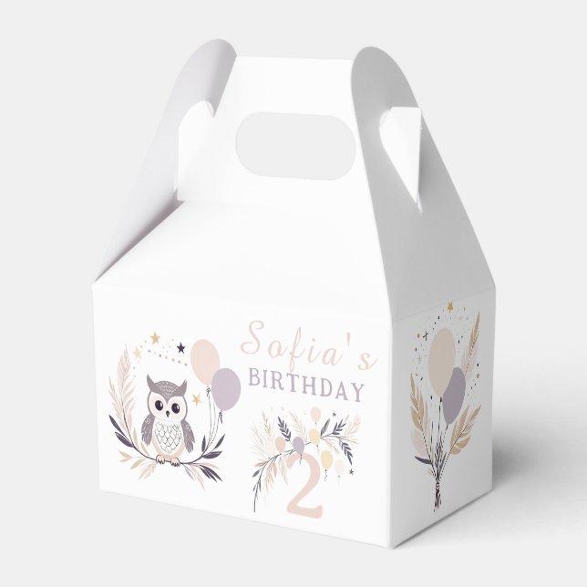 Pastel Boho Owl and Balloons Birthday Favor Box (Front Side)
