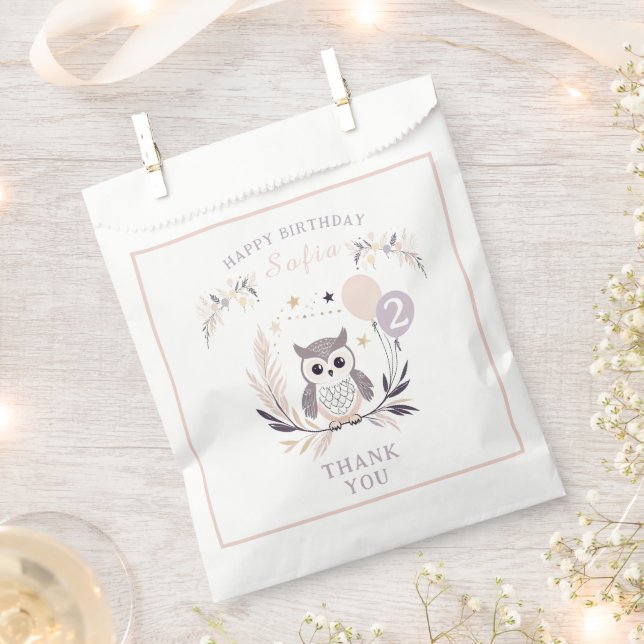 Pastel Boho Owl and Balloons Birthday Favour Bag (Clipped)
