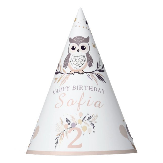 Pastel Boho Owl and Balloons Birthday Party Hat (Front)