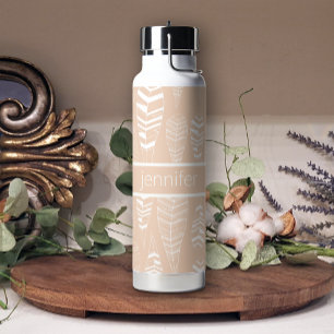 Pastel Boho Peach White Feathers Add Name Water Bottle
