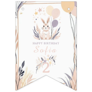Pastel Boho Rabbit and Balloons Birthday Bunting Flags
