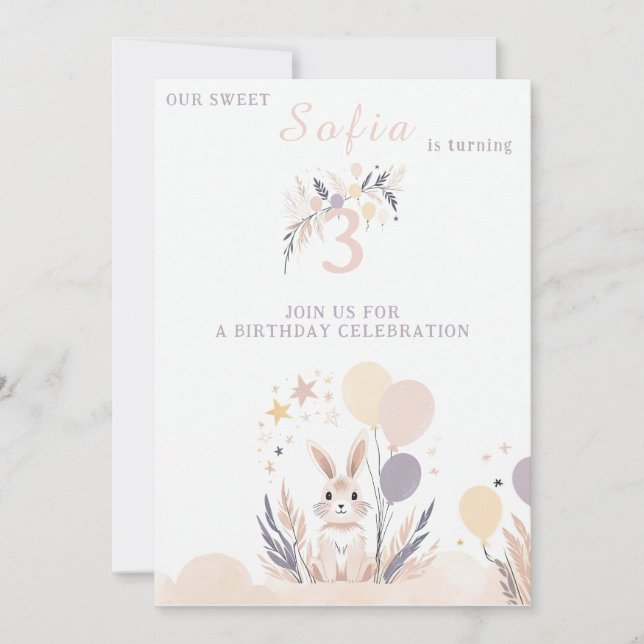 Pastel Boho Rabbit and Balloons Birthday Invitation (Front)