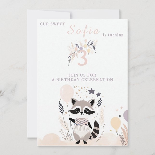 Pastel Boho Raccoon and Balloons Birthday Invitation (Front)