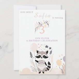 Pastel Boho Raccoon and Balloons Birthday Invitation