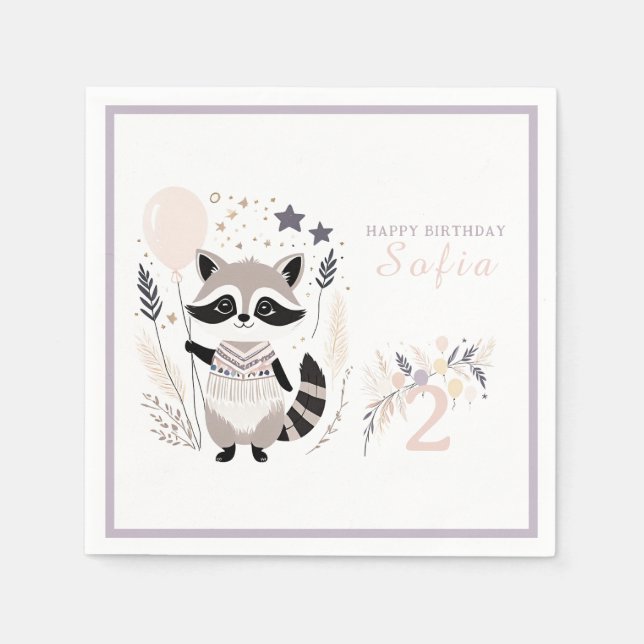 Pastel Boho Raccoon and Balloons Birthday Napkin (Front)