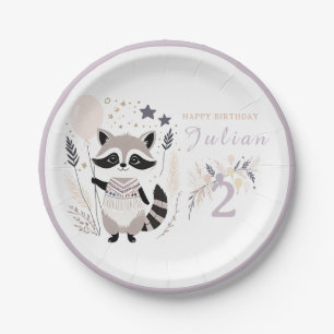 Pastel Boho Raccoon and Balloons Birthday Paper Plate
