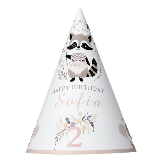 Pastel Boho Raccoon and Balloons Birthday Party Hat (Front)