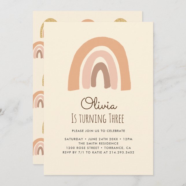 Pastel Boho Rainbow 3e Anniversaire Cartes d'Invit (Devant / Derrière)
