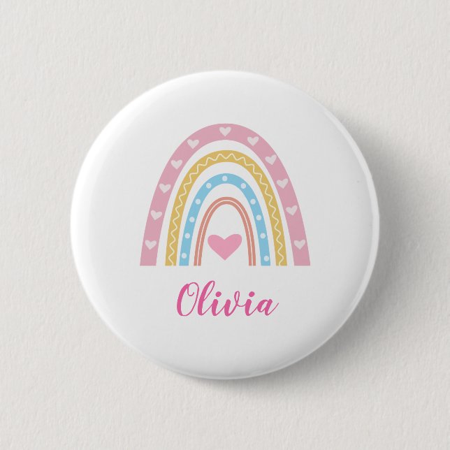 Pastel boho rainbow and hearts custom name  2 inch round button (Front)