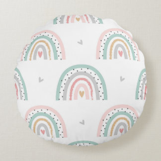 Pastel Boho Rainbow Girls Nursery Round Pillow