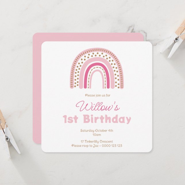 Pastel Boho Rainbow Minimalist Girl 1st Birthday I Invitation (Front/Back In Situ)