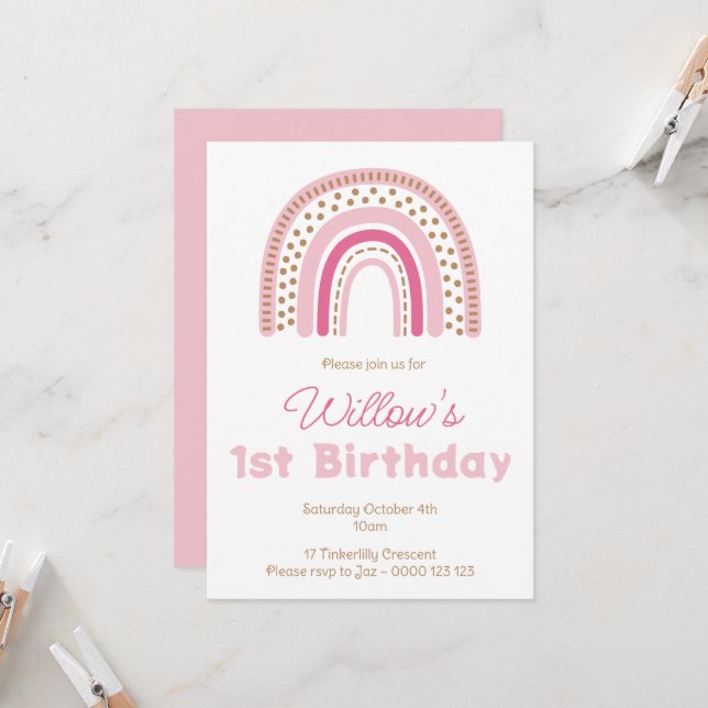 Pastel Boho Rainbow Minimalist Girl 1st Birthday Invitation (Front/Back In Situ)