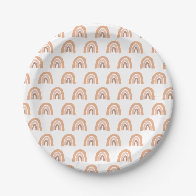 Pastel Boho Rainbow Pink Brown Round Paper Plates (Front)