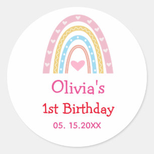 Pastel Boho Rainbow with hearts birthday party Classic Round Sticker