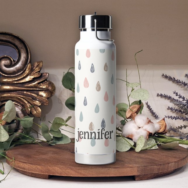 Pastel Boho Raindrops Pink Blue Gold Add Name Water Bottle (Creator Uploaded)