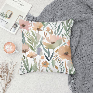 Pastel Boho Wildflower Watercolor Floral Spring  Throw Pillow