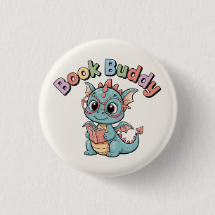 Pastel Book Buddy Reading Dragon Magnet 1 Inch Round Button