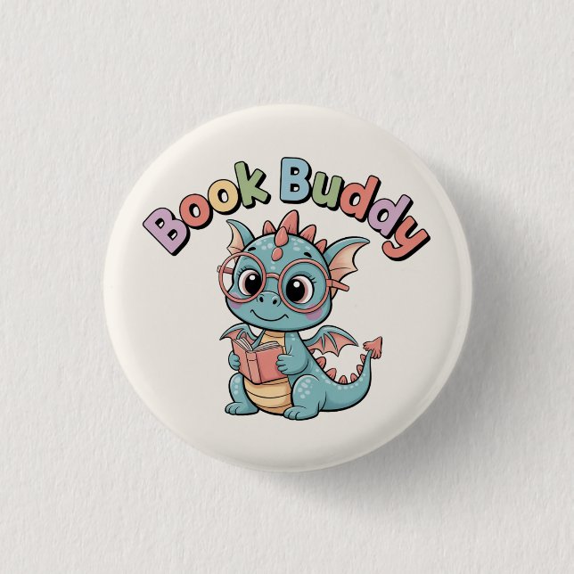 Pastel Book Buddy Reading Dragon Magnet 1 Inch Round Button (Front)