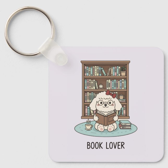 Pastel Book Lover Poodle Puppy Dog Tea Cozy Keychain (Front)