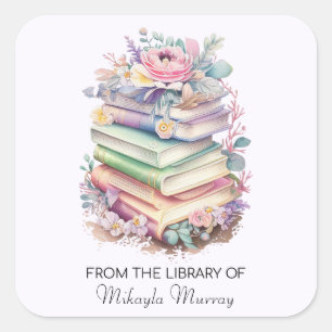 Pastel Books & Flowers Personalized Bookplates Square Sticker