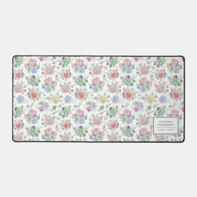 Pastel Botanical Watercolor Succulents Pattern Desk Mat (Front)
