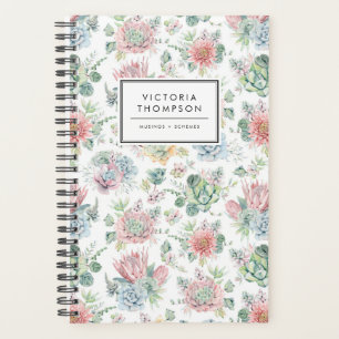 Pastel Botanical Watercolor Succulents Pattern Planner