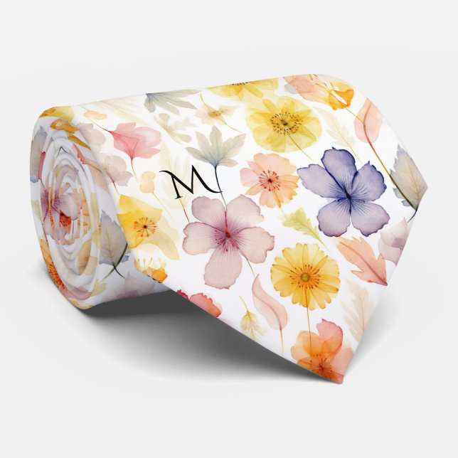 Pastel Botanical Wildflowers Watercolor Style Tie (Rolled)