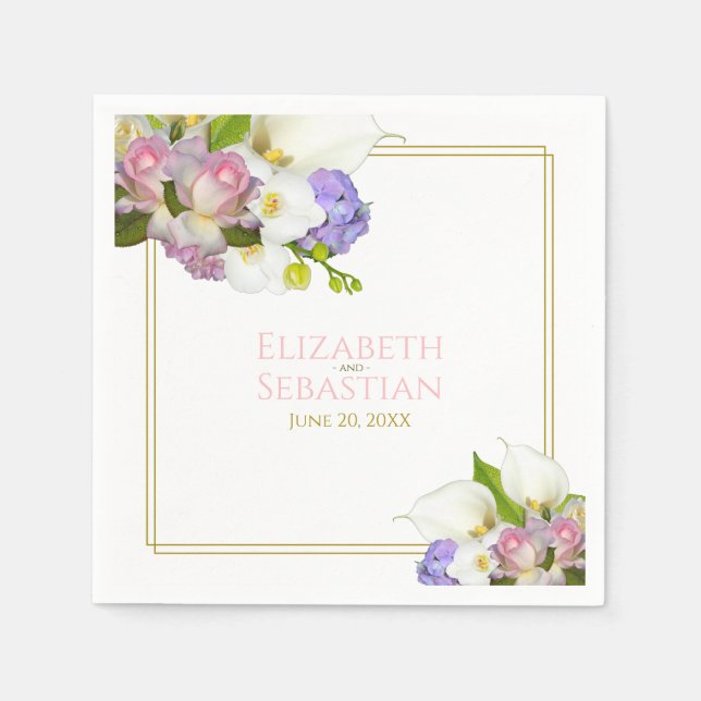 Pastel Bouquet Spring Floral Pink & Gold Wedding Napkin (Front)