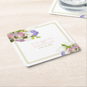 Pastel Bouquet Spring Floral Pink & Gold Wedding Square Paper Coaster