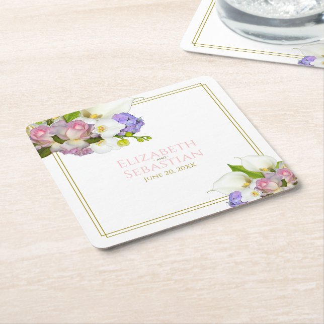 Pastel Bouquet Spring Floral Pink & Gold Wedding Square Paper Coaster (Angled)