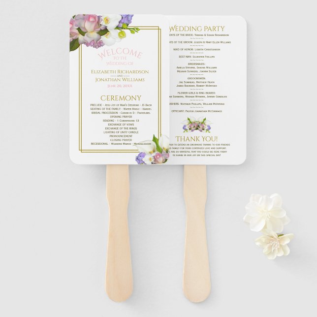 Pastel Bouquet Spring Floral Wedding Program Hand Fan (Front and Back)