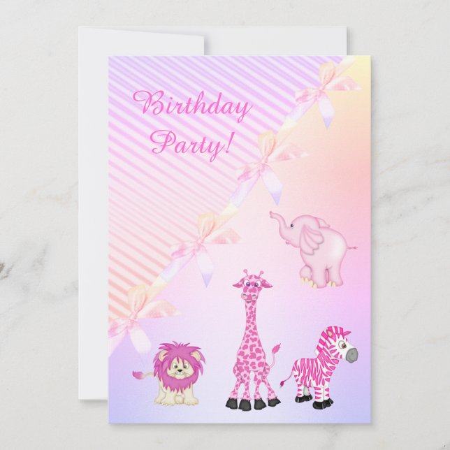 PASTEL BOW ZOO ANIMALS BIRTHDAY PARTY INVITATION (Front)