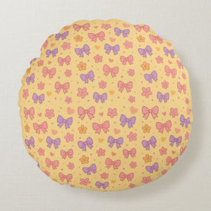 Pastel Bows & Flowers Pattern – Cute Yellow Girly  Round Pillow