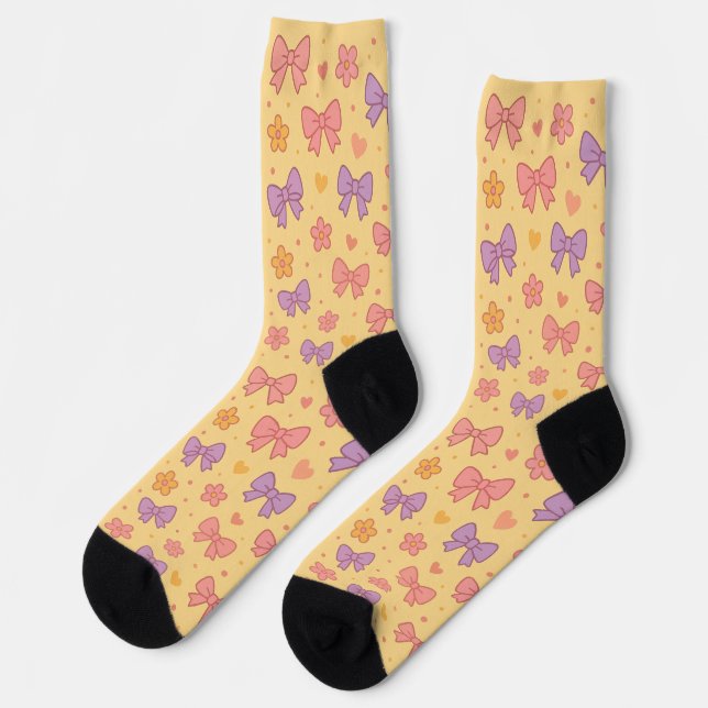 Pastel Bows & Flowers Pattern – Cute Yellow Girly  Socks (Left)