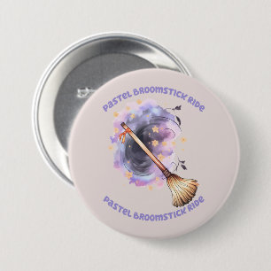 Pastel Broomstick Ride – Whimsical Witch Broom 3 Inch Round Button