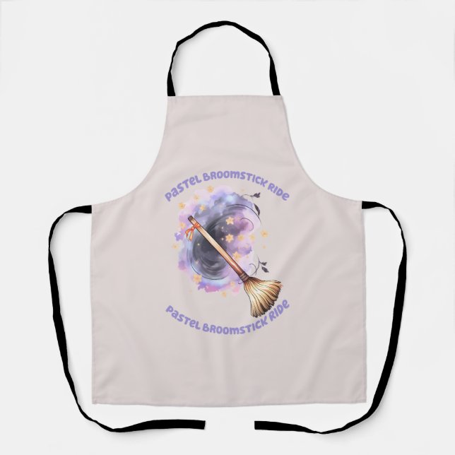Pastel Broomstick Ride – Whimsical Witch Broom Apron (Front)