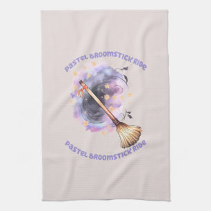 Pastel Broomstick Ride – Whimsical Witch Broom Kitchen Towel