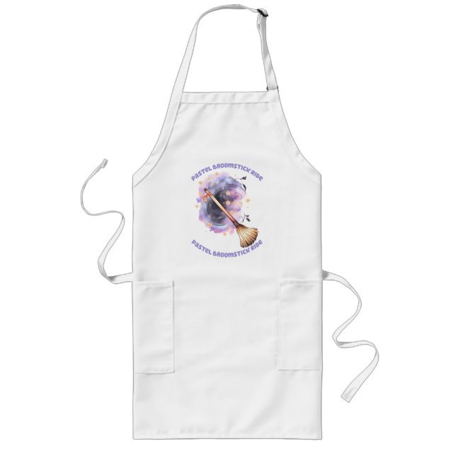 Pastel Broomstick Ride – Whimsical Witch Broom Long Apron (Front)