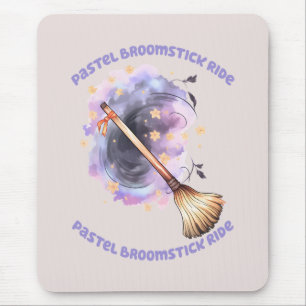 Pastel Broomstick Ride – Whimsical Witch Broom Mouse Pad