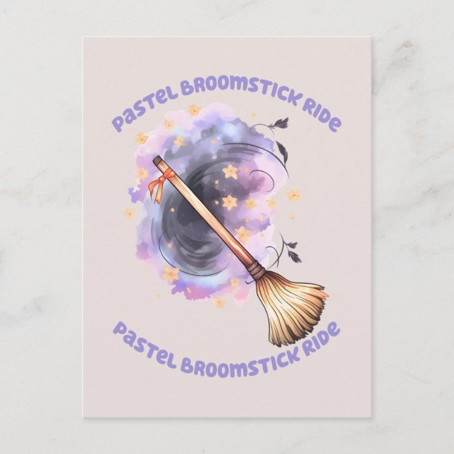 Pastel Broomstick Ride – Whimsical Witch Broom Postcard (Front)