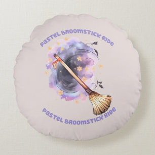 Pastel Broomstick Ride – Whimsical Witch Broom Round Pillow