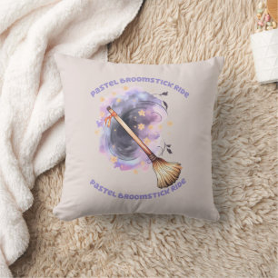 Pastel Broomstick Ride – Whimsical Witch Broom Throw Pillow