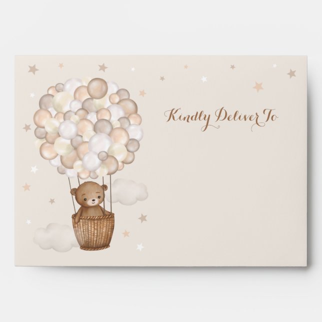 Pastel Brown Bear Hot Air Balloons Return Address Envelope (Front)