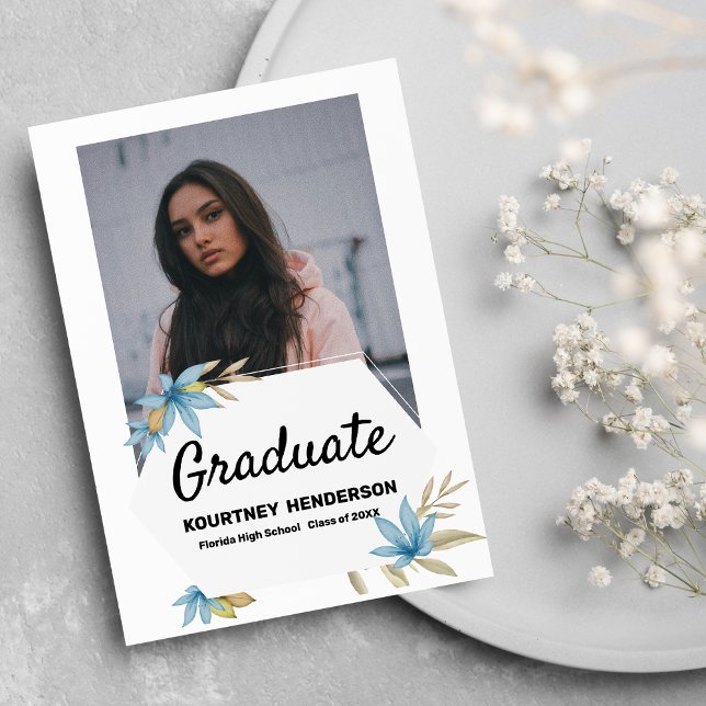 Pastel brown blue flower Photo Graduation Party Invitation (Pastel brown blue flower Photo Graduation Party)