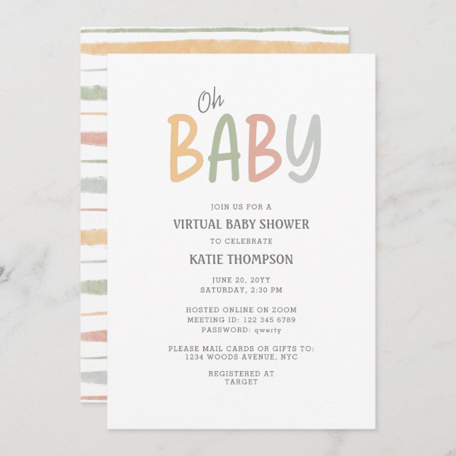 Pastel Brush Strokes Oh Baby Virtual Baby Shower Invitation (Front/Back)